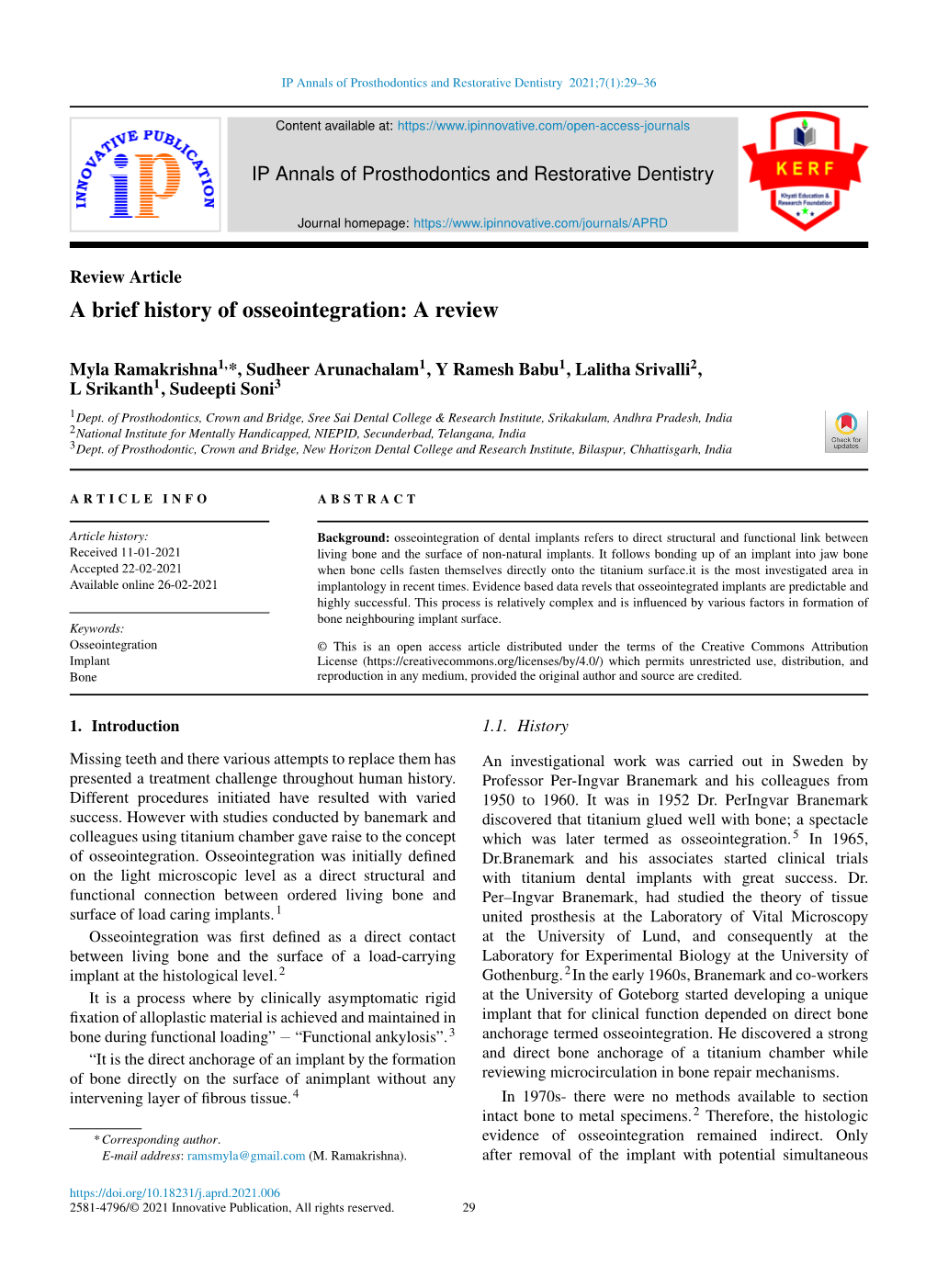 A Brief History of Osseointegration: a Review