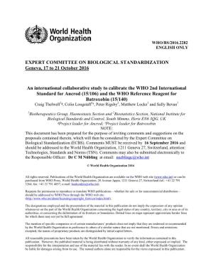 EXPERT COMMITTEE on BIOLOGICAL STANDARDIZATION Geneva, 17 to 21 October 2016