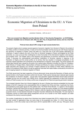 Economic Migration of Ukrainians to the EU: a View from Poland Written by Joanna Fomina
