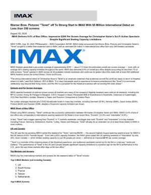 Warner Bros. Pictures' "Tenet" Off to Strong Start in IMAX with $5 Million International Debut on Less Than 250 Screens