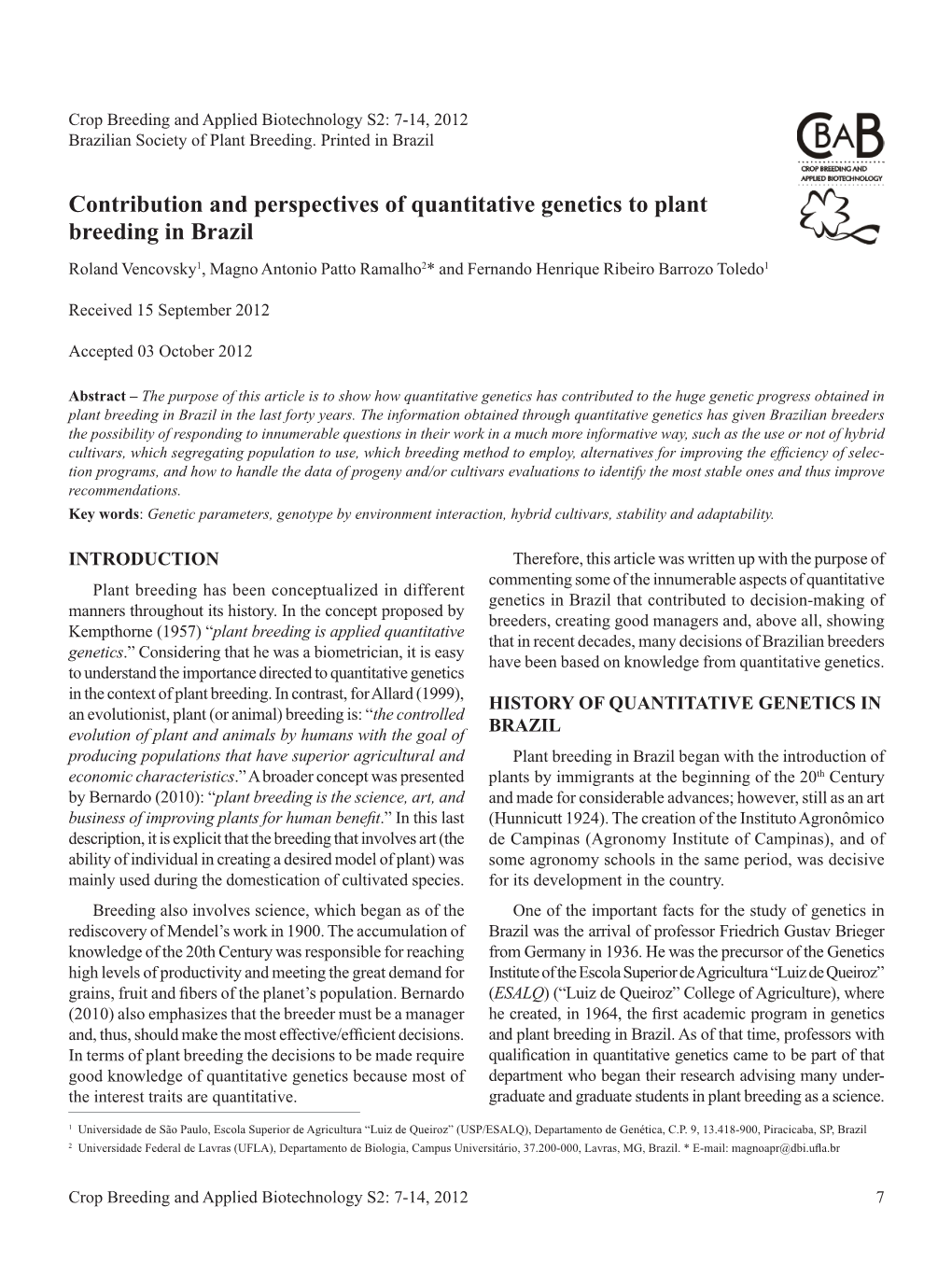 Contribution and Perspectives of Quantitative Genetics to Plant Breeding in Brazil