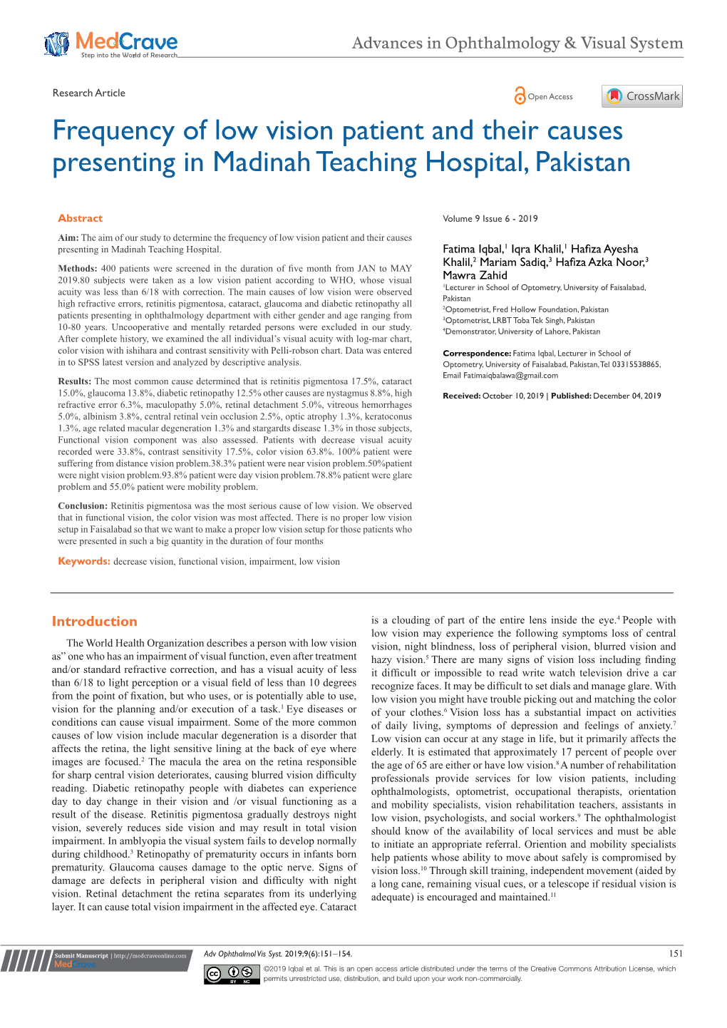 Frequency of Low Vision Patient and Their Causes Presenting in Madinah Teaching Hospital, Pakistan