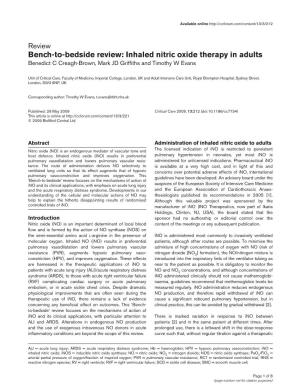 Inhaled Nitric Oxide Therapy in Adults Benedict C Creagh-Brown, Mark JD Griffiths and Timothy W Evans