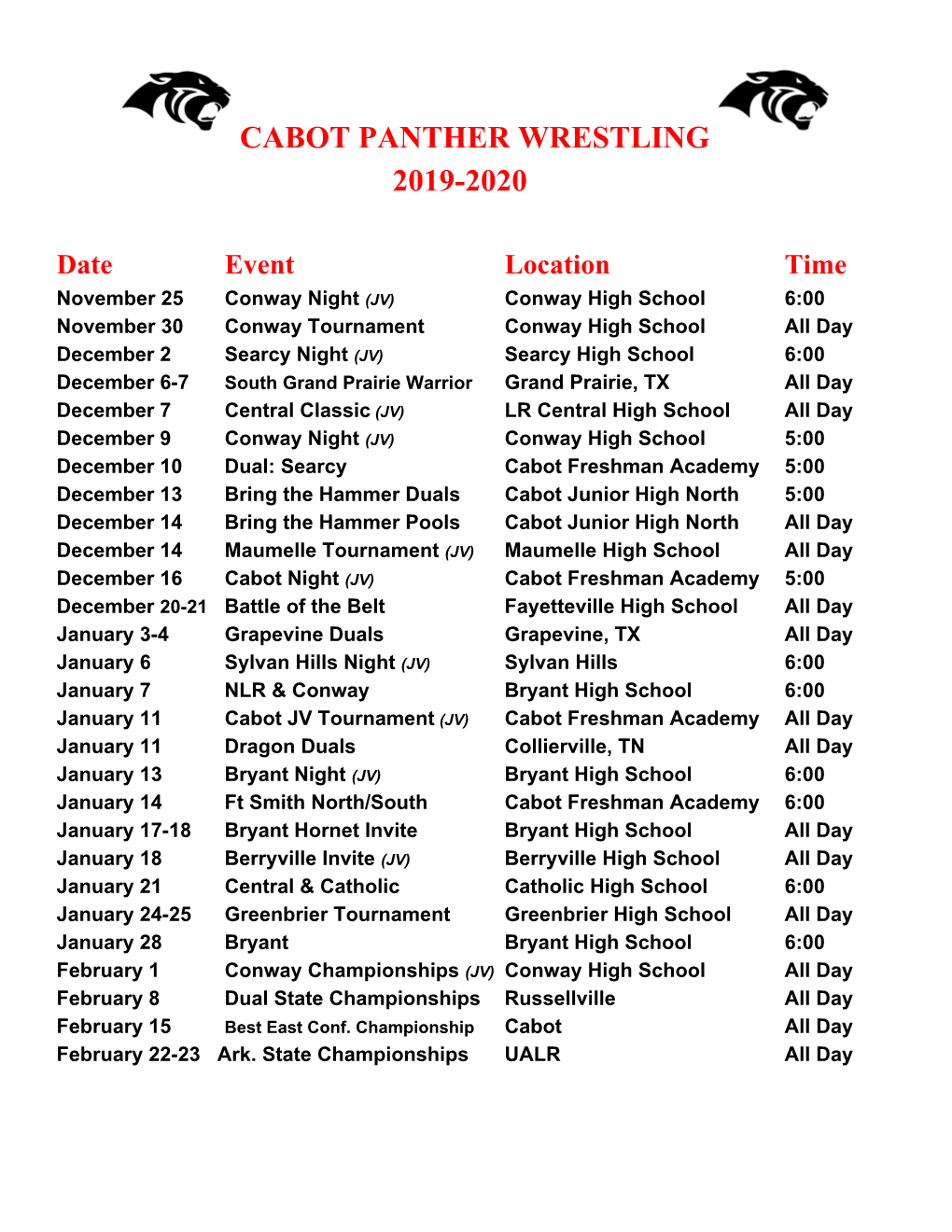 Cabot Panther Wrestling 2019-2020