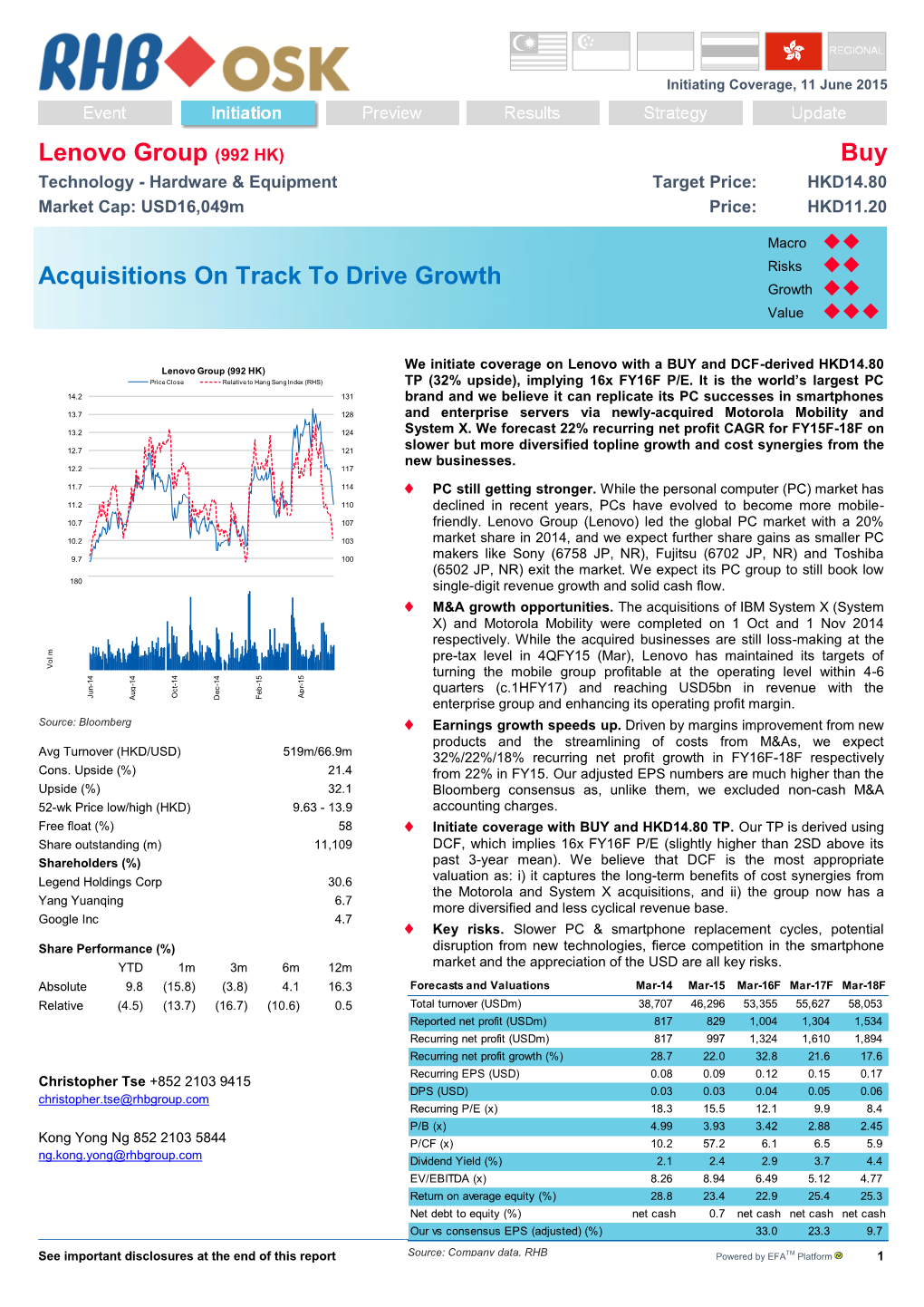 Lenovo Group (992 HK) Buy Technology - Hardware & Equipment Target Price: HKD14.80 Market Cap: USD16,049M Price: HKD11.20