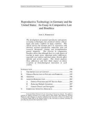 Reproductive Technology in Germany and the United States: an Essay in Comparative Law and Bioethics