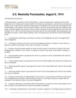 U.S. Neutrality Proclamation, August 6, 1914