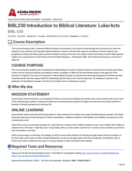 BIBL230 Introduction to Biblical Literature: Luke/Acts &gt; Syllabus