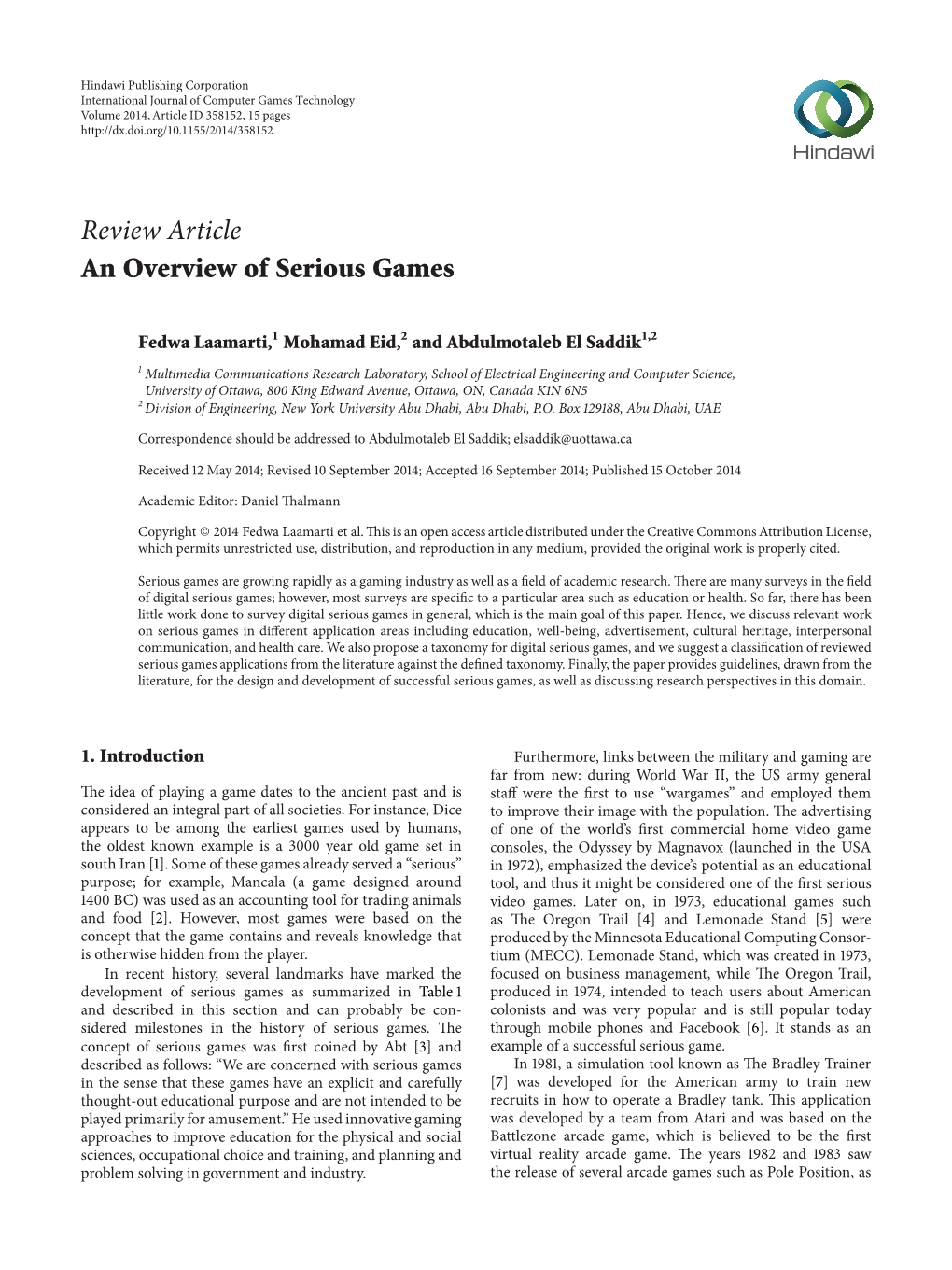 Review Article an Overview of Serious Games