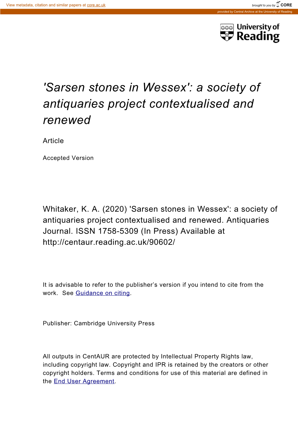 Sarsen Stones in Wessex': a Society of Antiquaries Project Contextualised and Renewed