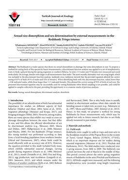 Sexual Size Dimorphism and Sex Determination by External Measurements in the Redshank Tringa Totanus
