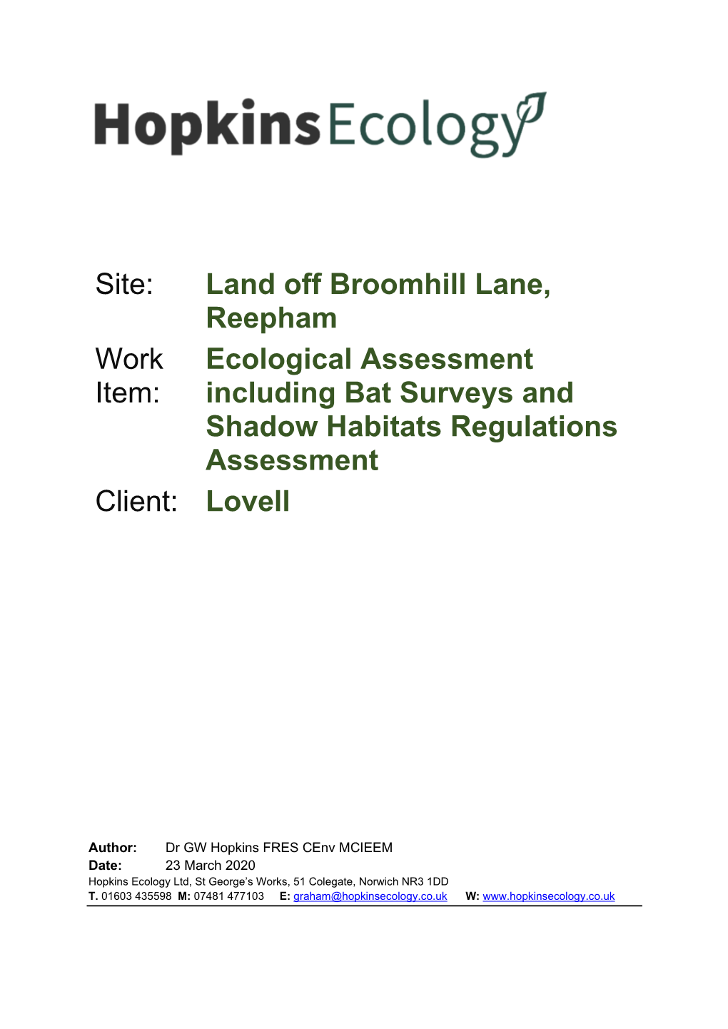 Site: Land Off Broomhill Lane, Reepham Work Item: Ecological