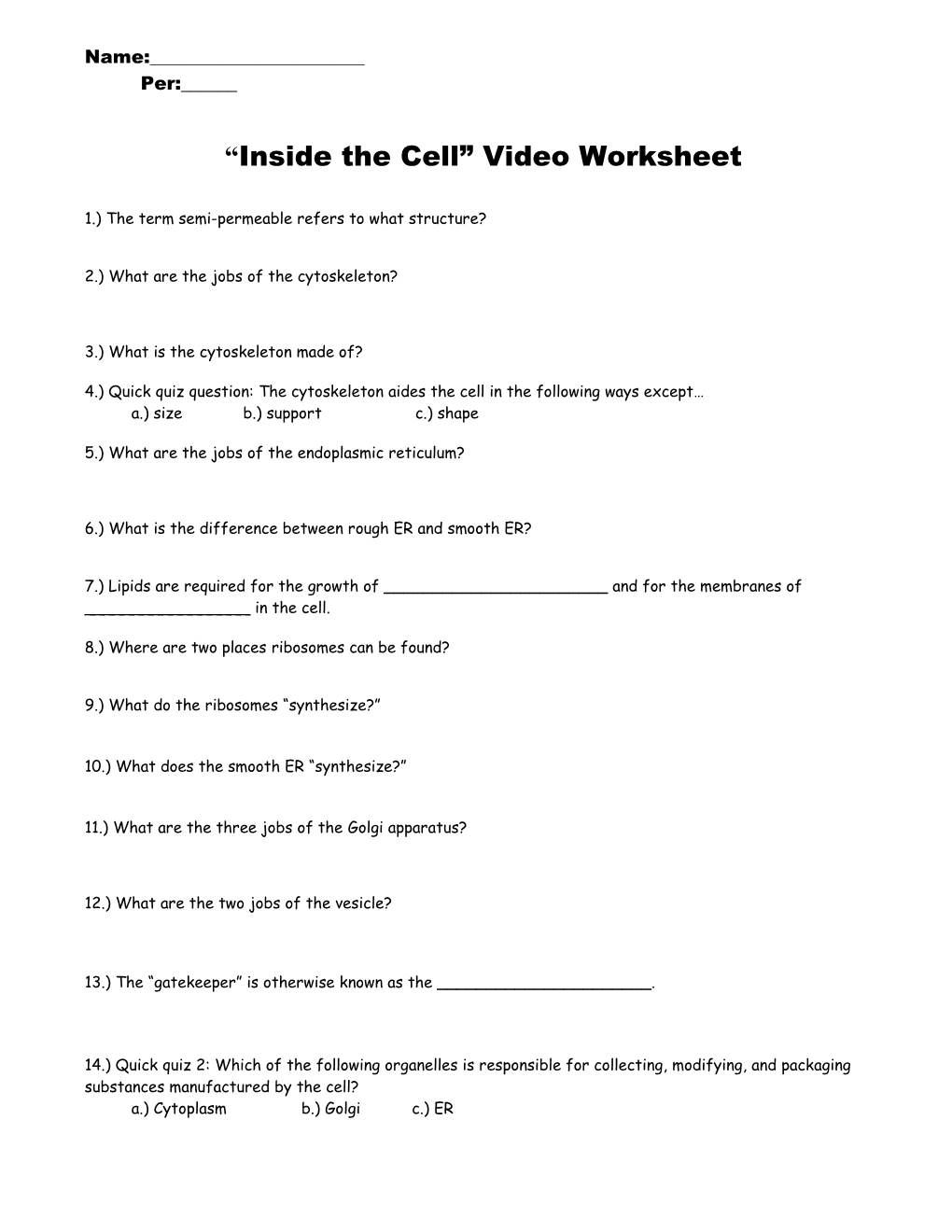 Inside the Cell Video Worksheet