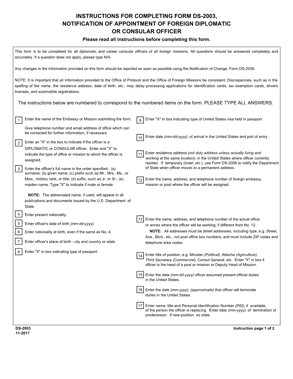 Form DS 2003 DS 2003 NOTIFICATION of APPOINTMENT