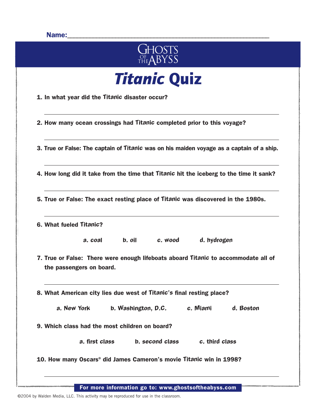 Ghosts of the Abyss: Titanic Quiz