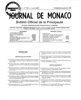 NAL DE MONACO Bulletin Officiel De La Principauté JOURNAL HEBDOMADAIRE PARAISSANT LE VENDREDI