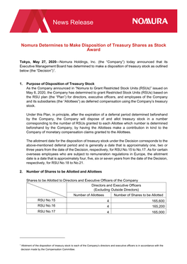 News Release Nomura Holdings Nomura Determines to Make Disposition of Treasury Shares As Stock Award (PDF)