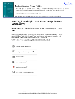 Does Taglit-Birthright Israel Foster Long-Distance Nationalism? Nationalism and Ethnic Politics 20(4): 438-454, DOI: 10.1080/13537113.2014.969149