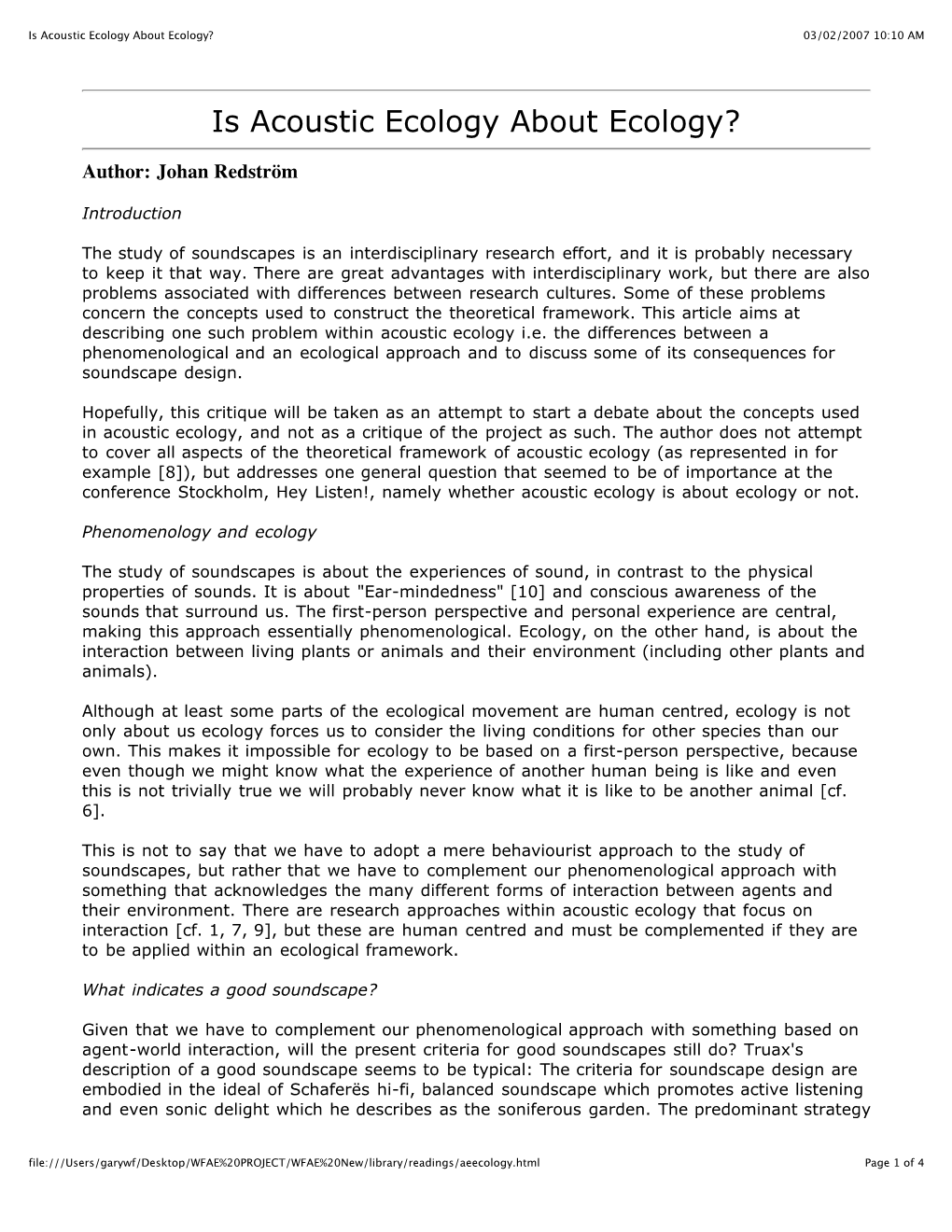 Is Acoustic Ecology About Ecology? 03/02/2007 10:10 AM