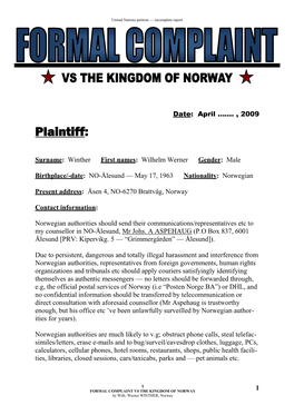 FORMAL COMPLAINT VS the KINGDOM of NORWAY 1 by Wilh