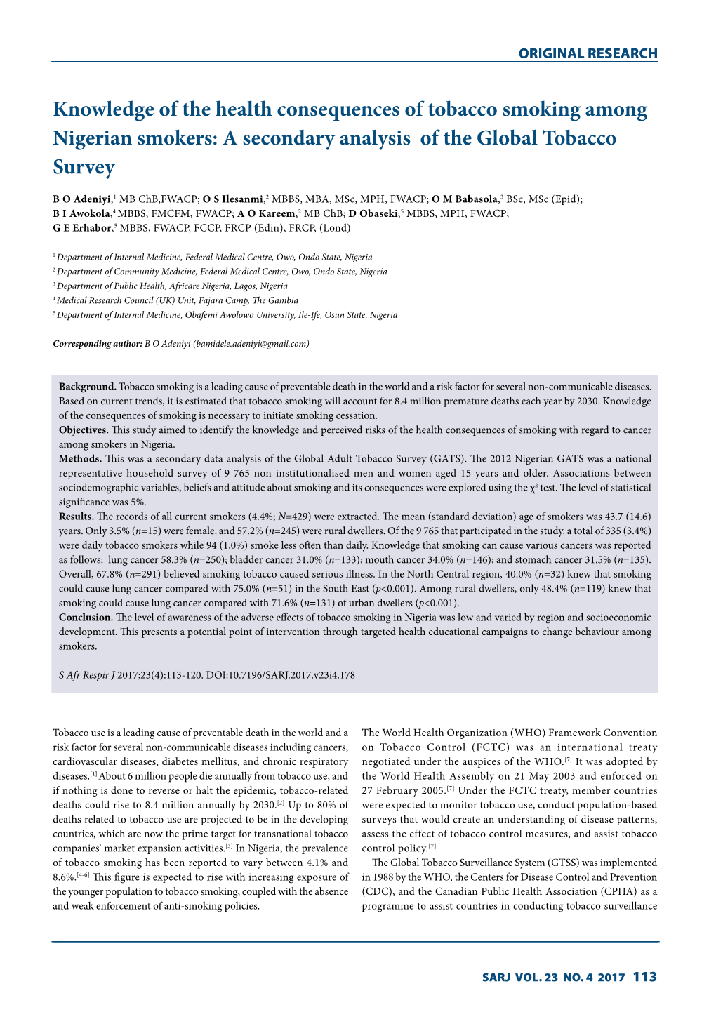 Knowledge of the Health Consequences of Tobacco Smoking Among Nigerian Smokers: a Secondary Analysis of the Global Tobacco Survey