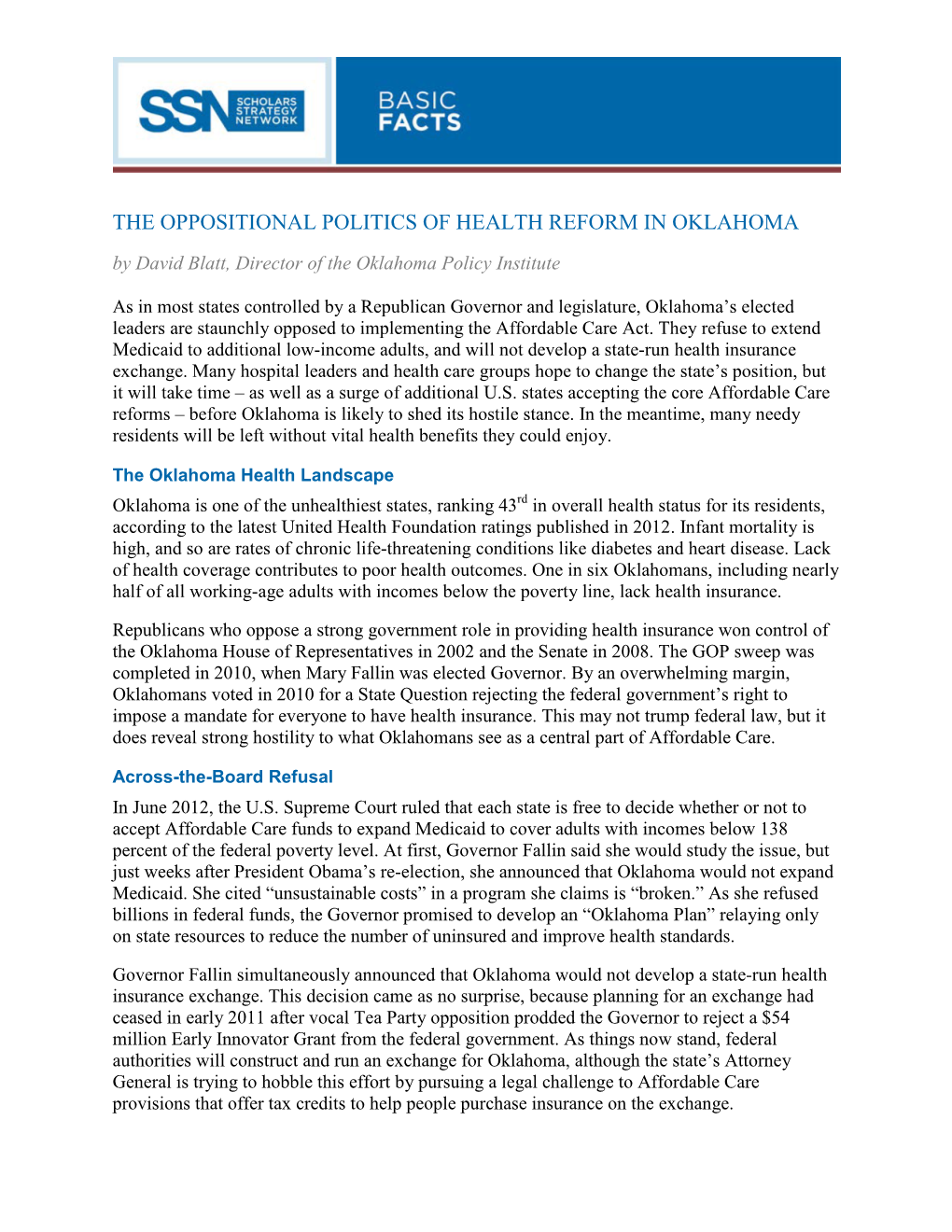 SSN Basic Facts Blatt on Health Care Reform in Oklahoma