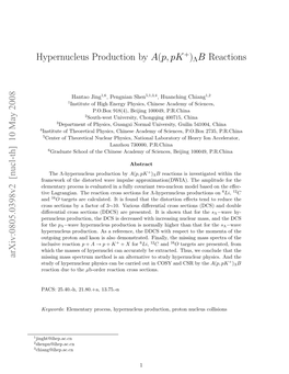 10 May 2008 Hypernucleus Production by A(P, Pk )ΛB Reactions