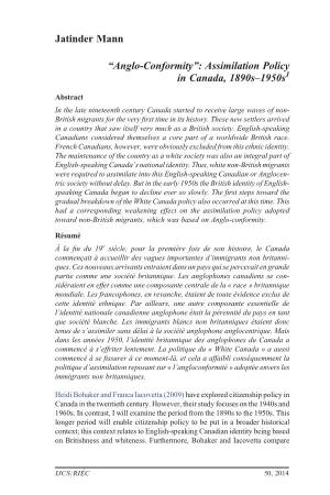 “Anglo-Conformity”: Assimilation Policy in Canada, 1890S–1950S1