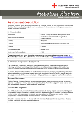 Assignment Description Information Contained in This Assignment Description Is Subject to Change, As Host Organisations’ Needs Evolve