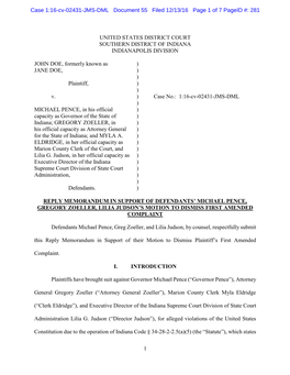 Reply Memorandum in Support of Defendants’ Michael Pence, Gregory Zoeller, Lilia Judson’S Motion to Dismiss First Amended Complaint
