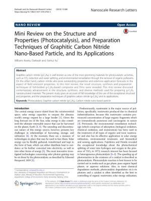 Photocatalysis), and Preparation Techniques of Graphitic Carbon Nitride Nano-Based Particle, and Its Applications Williams Kweku Darkwah and Yanhui Ao*