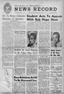 University of Cincinnati News Record. Thursday, May 2, 1963. Vol. XLVIII