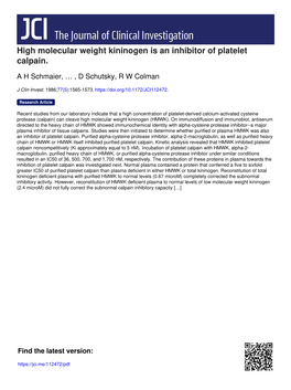 High Molecular Weight Kininogen Is an Inhibitor of Platelet Calpain