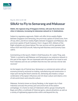 Silkair to Fly to Semarang and Makassar