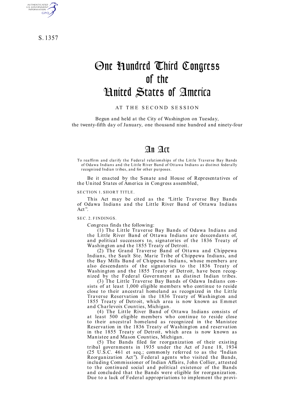 One Hundred Third Congress of the United States of America