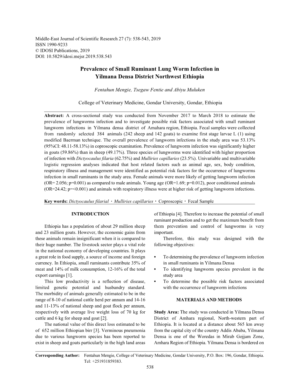 Prevalence of Small Ruminant Lung Worm Infection in Yilmana Densa District Northwest Ethiopia