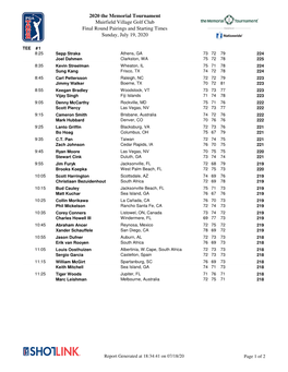 2020 the Memorial Tournament Muirfield Village Golf Club Final Round Pairings and Starting Times Sunday, July 19, 2020