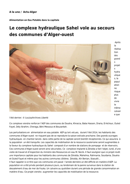 Le Complexe Hydraulique Sahel Vole Au Secours Des Communes D’Alger-Ouest