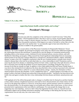 The VEGETARIAN SOCIETY of HONOLULU Quarterly President's