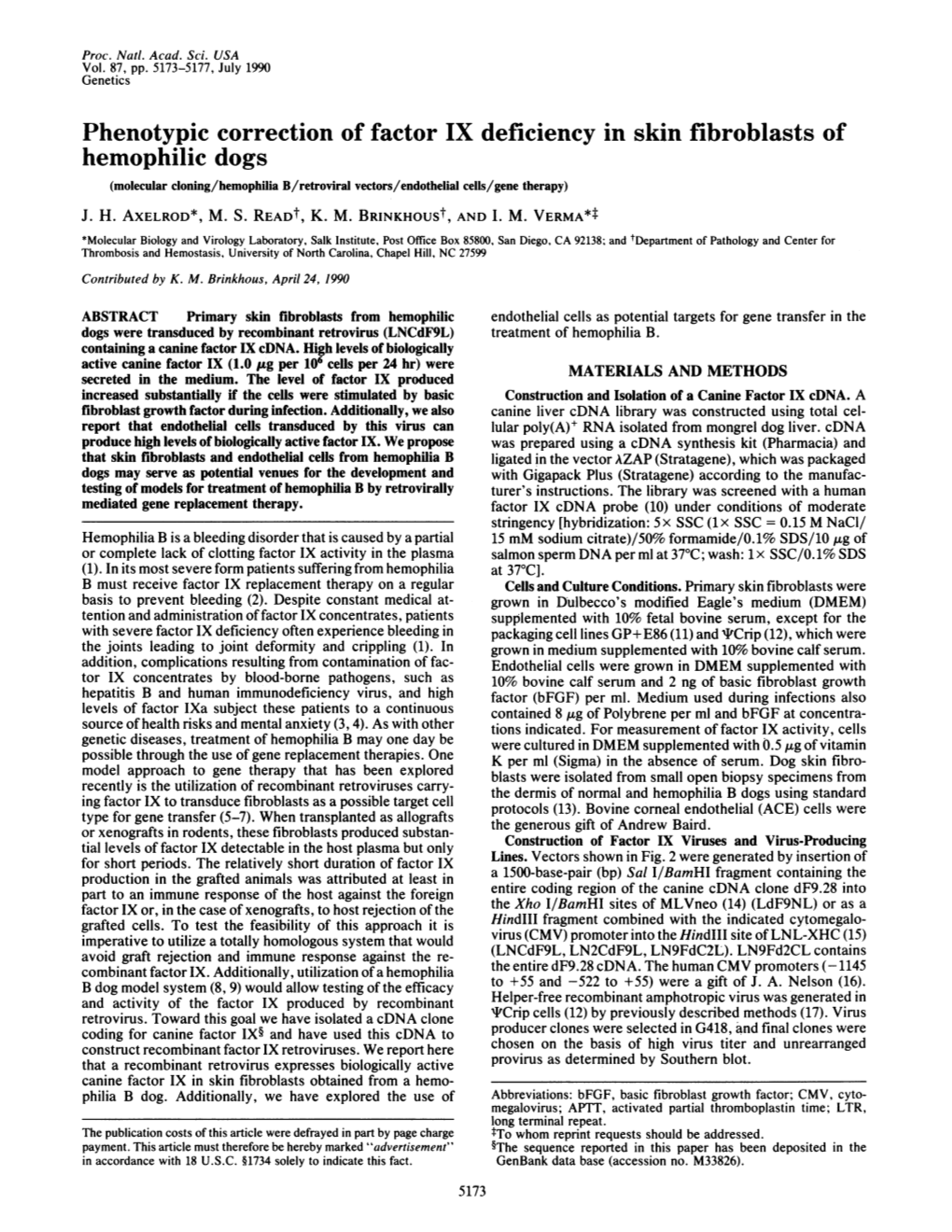 Phenotypic Correction of Factor IX Deficiency in Skin Fibroblasts