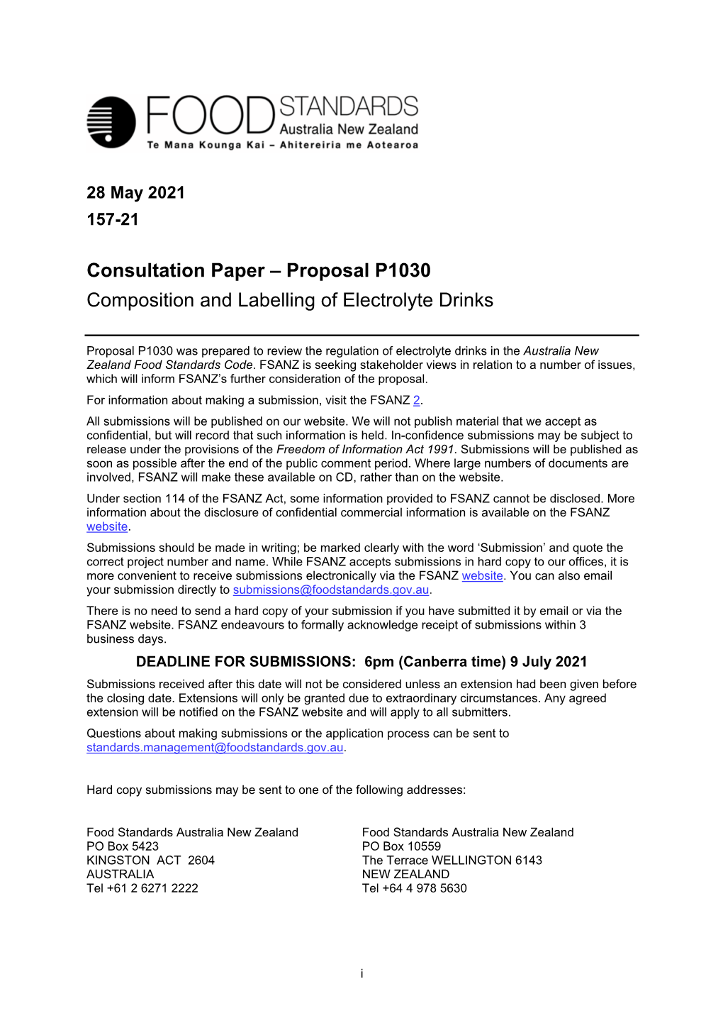 Proposal P1030 Composition and Labelling of Electrolyte Drinks