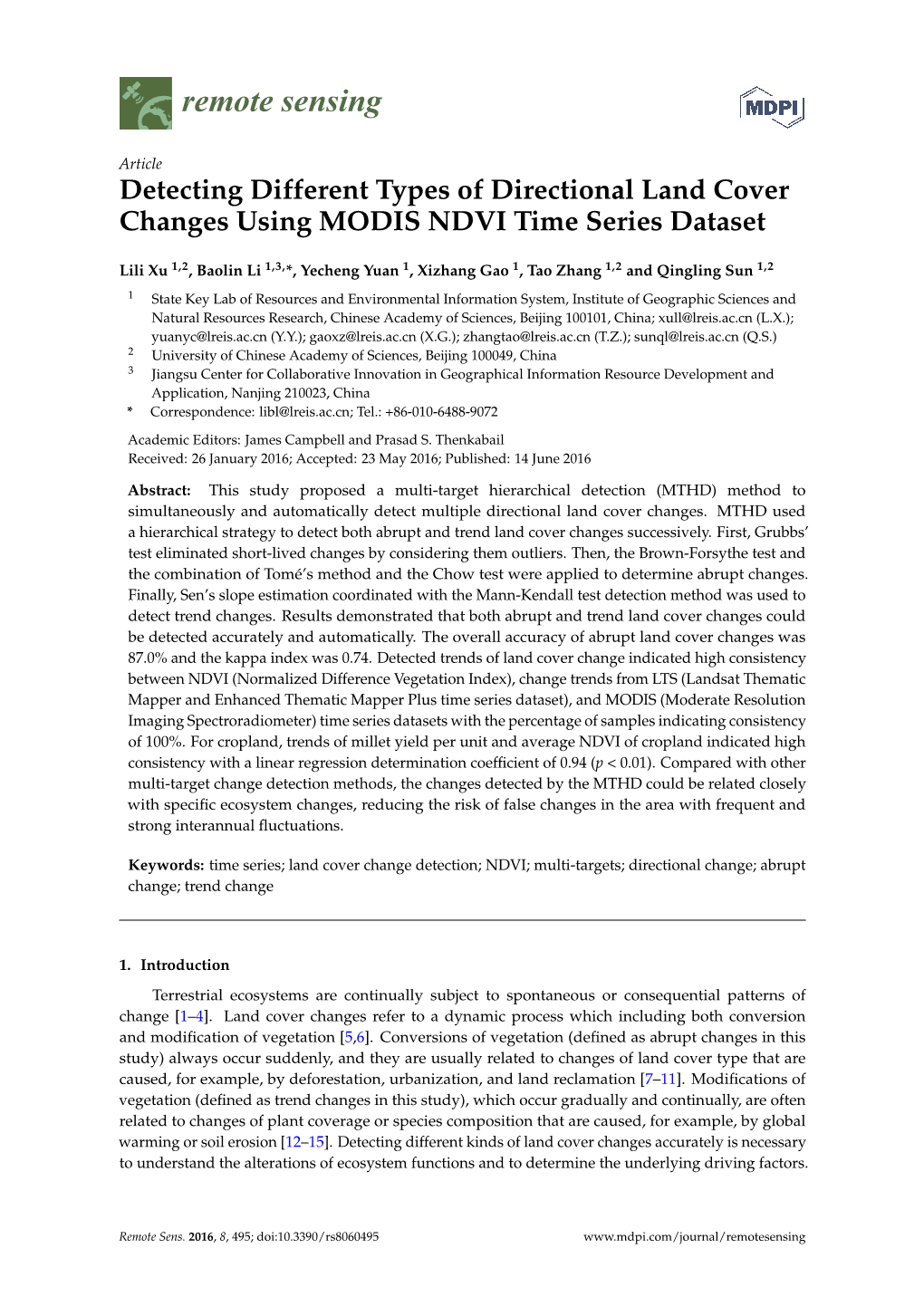 Detecting Different Types of Directional Land Cover Changes Using MODIS NDVI Time Series Dataset