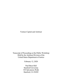 Workshop on Venture Capital and Antitrust, February 12, 2020