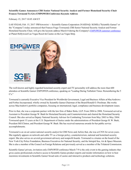 Scientific Games Announces CBS Senior National Security Analyst and Former Homeland Security Chair Frances Townsend to Give EMPOWER Conference Keynote Address