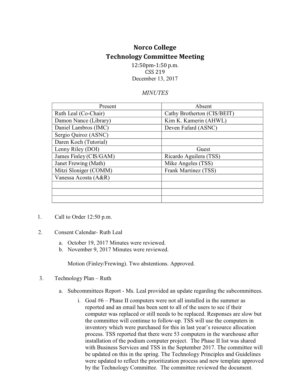 Norco College Technology Committee Meeting 12:50Pm-1:50 P.M