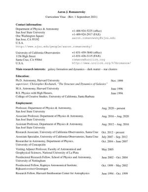 Aaron J. Romanowsky Curriculum Vitae (Rev. 1 Septembert 2021) Contact Information: Department of Physics & Astronomy San