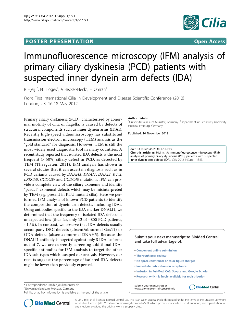 IFM) Analysis of Primary Ciliary Dyskinesia (PCD) Patients with Suspected Inner Dynein Arm Defects (IDA