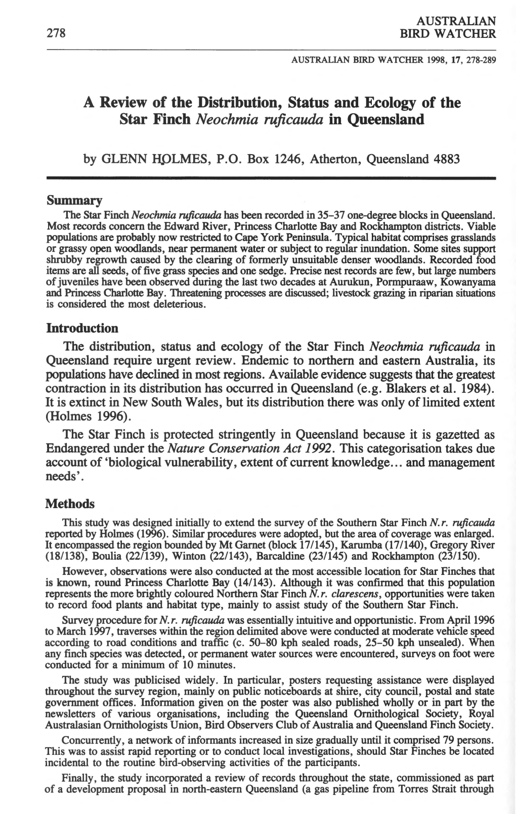 A Review of the Distribution, Status and Ecology of the Star Finch Neochmia Ruficauda in Queensland