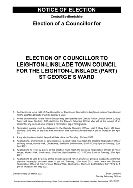 NOTICE of ELECTION Election of a Councillor for ELECTION of COUNCILLOR to LEIGHTON-LINSLADE TOWN COUNCIL for the LEIGHTON-LINSLA