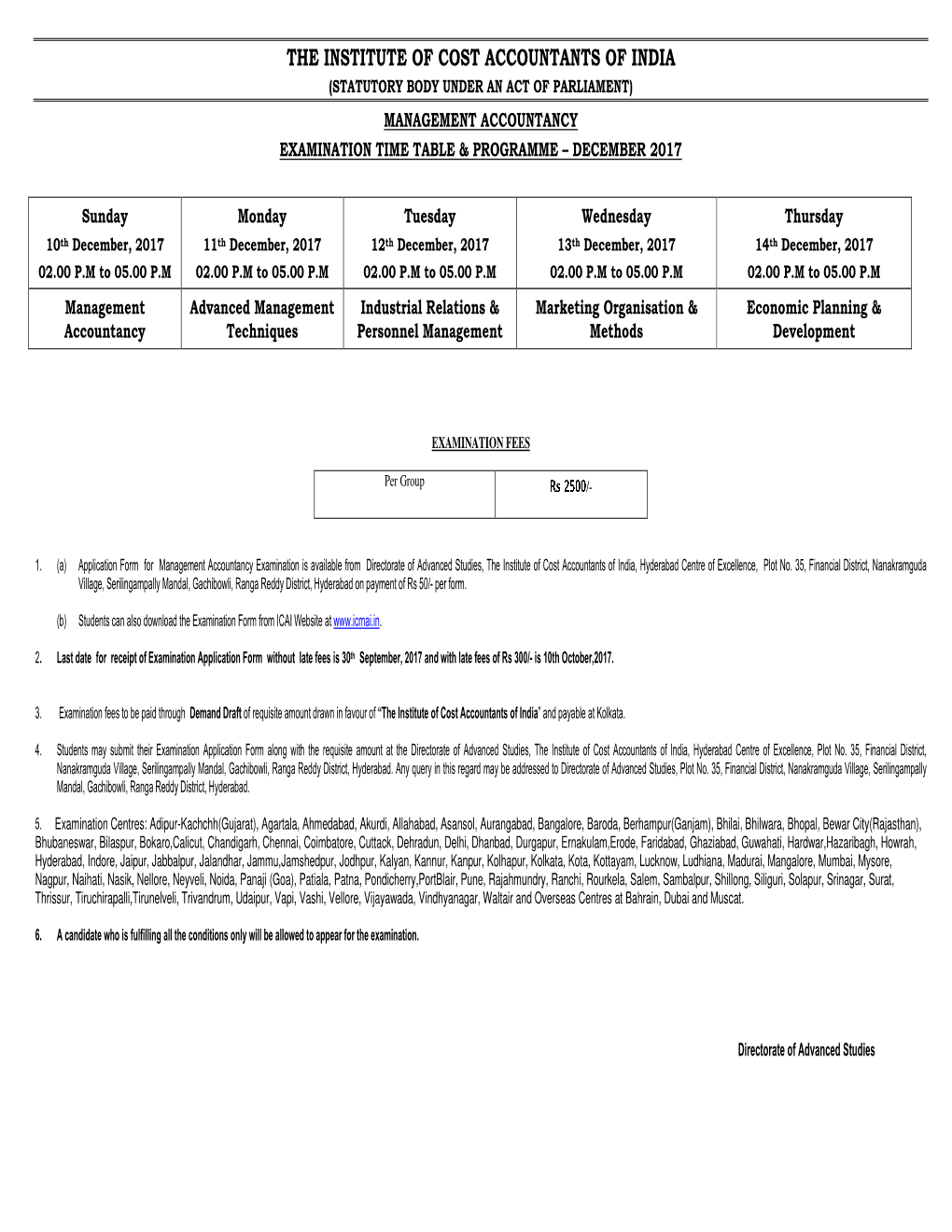 The Institute of Cost Accountants of India (Statutory Body Under an Act of Parliament) Management Accountancy Examination Time Table & Programme – December 2017